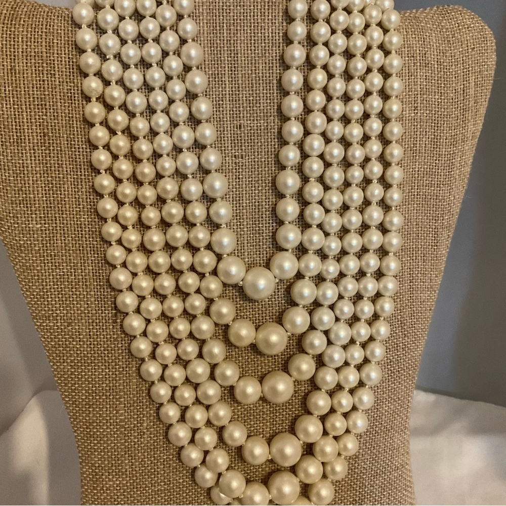 Vintage Pearl Necklace 6 Strands Cream Knotted 4mm - 12mm beads 13+” Length - Picture 2 of 7